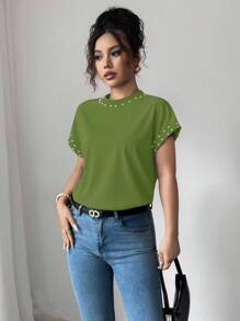 Elenzga Women's Black Round Neck Short Sleeve T-Shirt With Bubble Pearls - Green - View 3