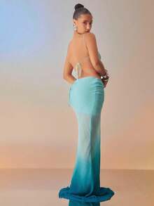 Hauture Women's Sexy Summer Aqua Blue Ombre Cut Out Maxi Dress With 3d Ombre Tropical Floral Decor