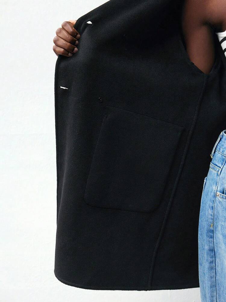 SHEIN Maija Wool Material Women's Solid Color Lapel NeckLong Sleeve Double-Breasted Casual Overcoat Modern Urban Casual Fashion Business Casual Women's Office Wear Low-Key Old Money Style Effortless Temperament High-End Urban Commuting High-Quality Airport Women's Wear High-End Material In Fall/Winter Low-Key And Durable Basic Style, All-Match And Suitable For Everyone, Street Fashion Wear, Coffee Shop Wear, Relaxed Wear All-Season