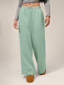 SHEIN Forever 21 秋冬新款休闲宽松高腰松紧腰阔腿运动裤加厚保暖内衬 - 薄荷綠 - 查看 6