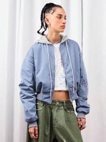 COUREZ Chaqueta con capucha azul oversize/Tops lindos Y2K para salir, volver a la escuela, chaqueta primaveral para mujeres - Neblina azul - Ver 4
