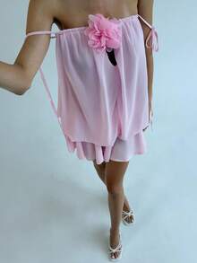 Aloruh Váy ngắn bandeau họa tiết hoa một bên vai ngọt ngào và cay nồng dành cho nữ, viền nhún bèo, quần short an toàn tích hợp để tránh hở hang - Hồng - Xem 6