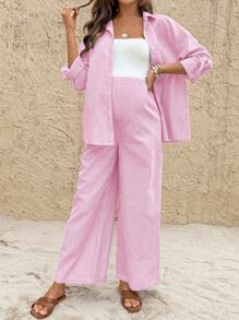 SHEIN 秋季服装，秋季服装，孕妇装秋季服装孕妇纽扣衬衫领上衣和可调节腰部阔腿裤宽松孕妇两件套孕妇装两件套纯棉两件套夏季裤子套装阔腿裤套装条纹孕妇裤套装女士夏季套装 - 粉色 - 查看 7