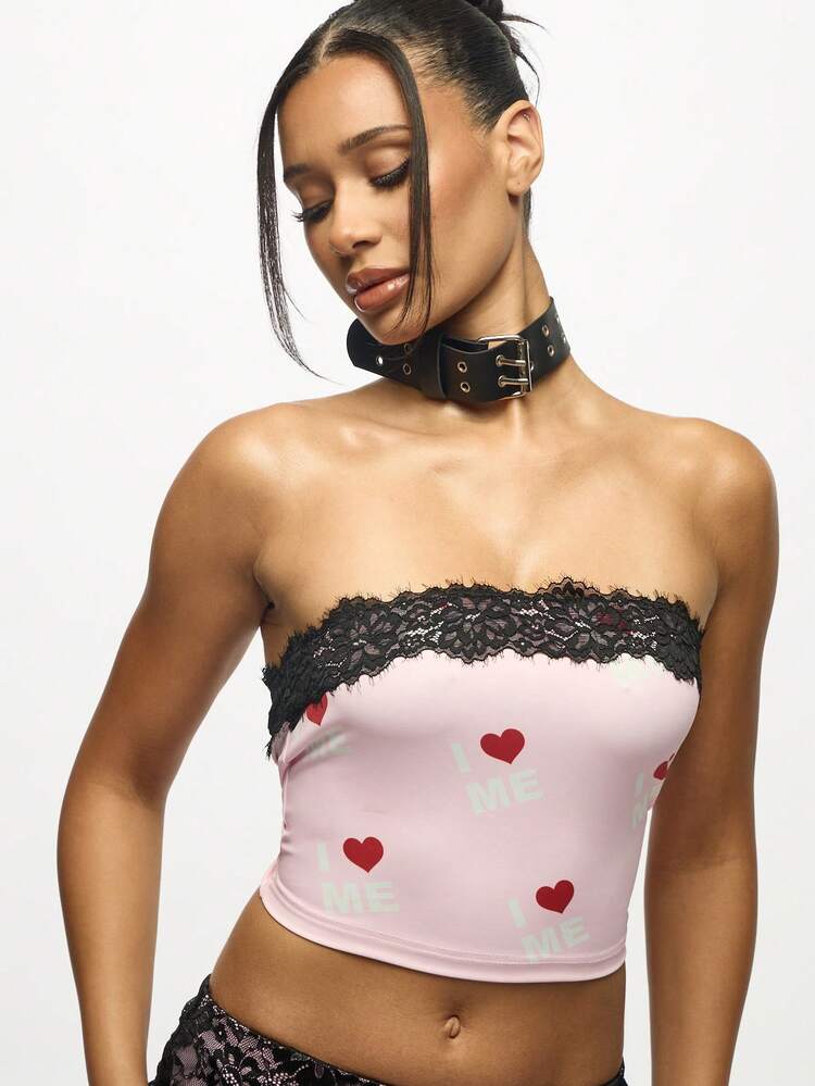 SUMWON WOMEN Lace Trim Hearts Print Bandeau Top With Black Trim