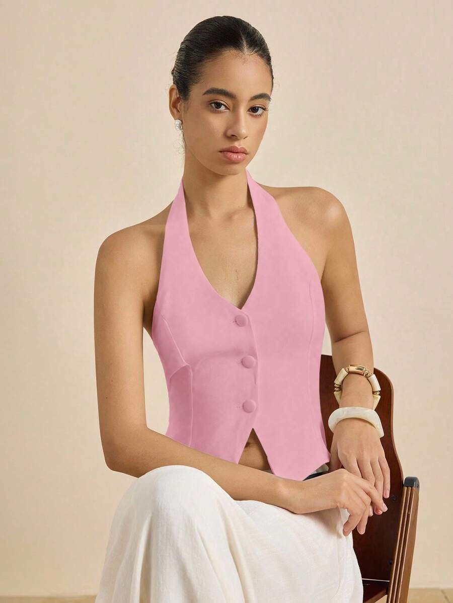 Airaco Áo ba lỗ hở lưng một hàng khuy đơn màu mùa hè dành cho nữ - Hồng - Xem 1