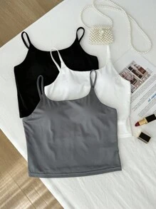 SHEIN Girlism Bộ 3 áo ba lỗ bó sát dành cho bé gái tuổi teen, màu đen/trắng/xám, áo ba lỗ thông thường đa năng, phù hợp với mọi mùa - Nhiều màu - Xem 3
