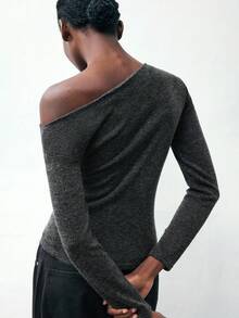 Maija 2025 Asymmetric Shoulder Fitted Elegant Long Sleeve Women T-Shirt,Fall For Women, Winter, Halloween,National Day, Going Out, Going Out Top, Elegant Women's Tops,Autumn And Winter Base Shirt, Basic Style, Versatile, Long-Sleeved, Slim-Fit Knit - Dark Grey - View 5