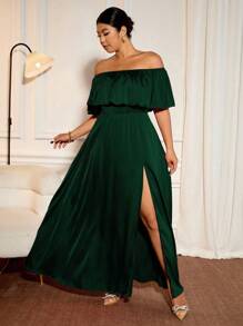 Cravure 加大码长款伴娘礼服，收腰，侧开衩，露肩，荷叶边下摆，优雅适合舞会、主持、表演 - 墨綠色 - 查看 3