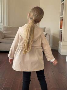 Young Girl Beige Solid Color Hooded Waist Drawstring Casual Windbreaker,Spring Autumn Trench Coat Jacket,Back-To-School,Career Day Kid Girl Jacket - Khaki - View 3
