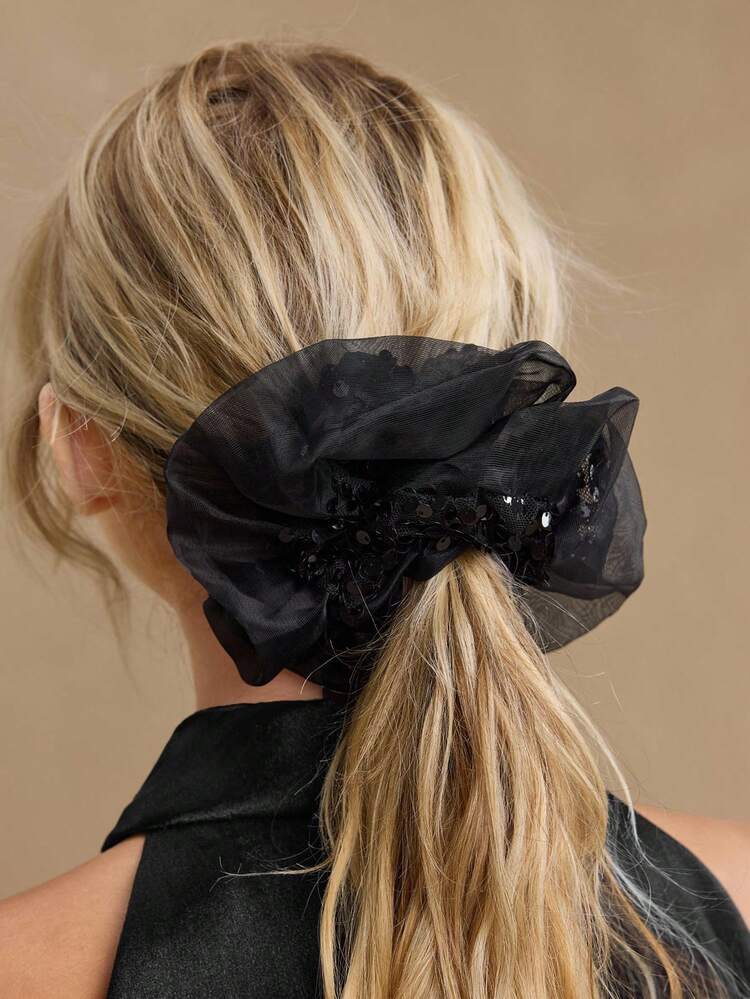 BLACK SEQUIN MESH SCRUNCHIE