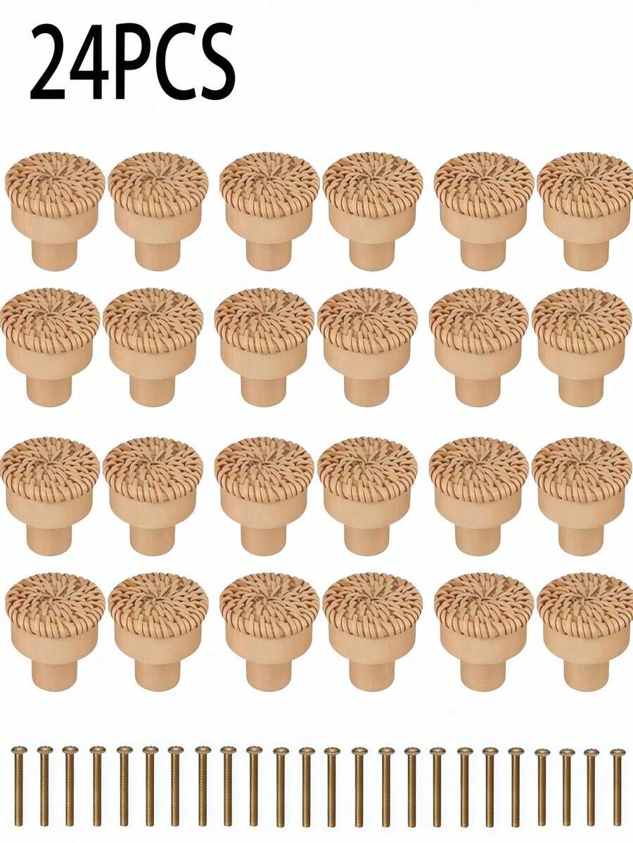 12 件天然藤条圆形橱柜把手木质抽屉拉手棕色饰面适用于厨房客厅卧室衣柜家具装饰