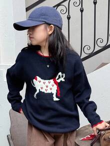 女童圆领小狗图案毛衣，青少年女孩秋季服装 - 寶藍色 - 查看 3