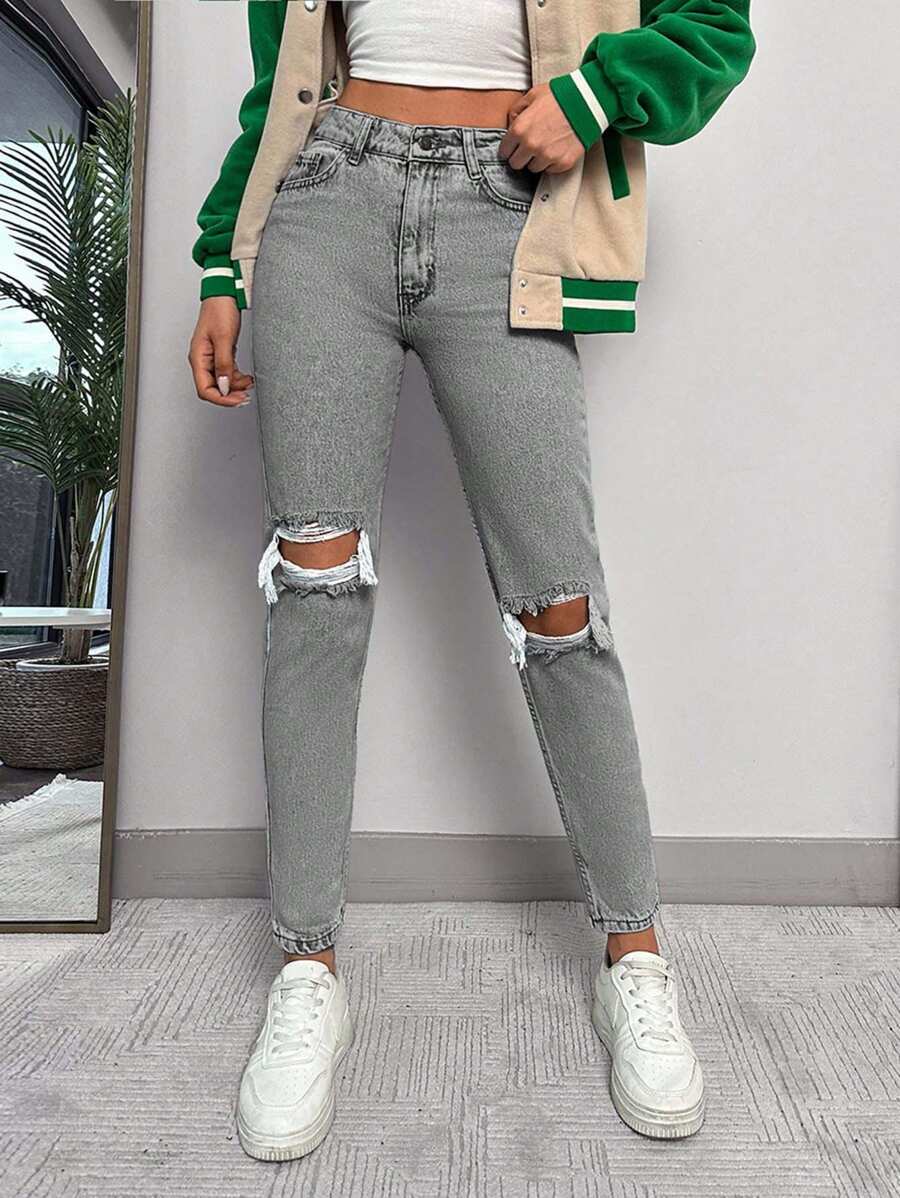 EURMUSE 100% Baumwolle Zerrissene, ausgefranste, ausgeschnittene Skinny Jeans - Grau - Übersicht 1