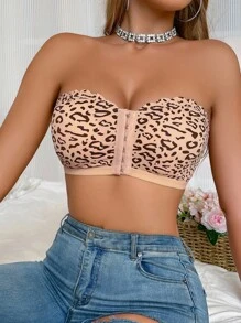 SHEIN Front Closure Leopard Print Bandeau Bra For Women, Cheetah Print Top - Coral Orange - View 5
