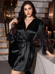 SilkySpell Plus Size Hollow Sexy Lace Backless Jacket, High-End Satin Comfortable Extremely Alluring Women Robe - Black - View 2
