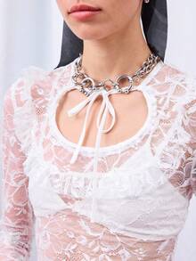 COUREZ Áo dài tay cổ khoét trước phối ren ôm sát / Phong cách Y2K cho nữ, Áo kiểu dễ thương để đi chơi, Áo mùa xuân, Áo thanh lịch, Áo dễ thương - trắng - Xem 6