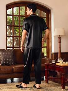 SHEIN Men Leisure Comfortable Simple Loose Top & Pants Home Clothing Set - Black - View 2