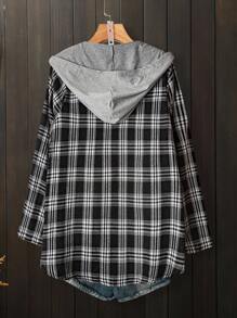 Linhara Plus Size Women's Casual Retro Hooded Plaid Contrast Color Shacket, Versatile Minimalist, Comfortable, Early Autumn Outerwear Fall Winter Cloth For Women