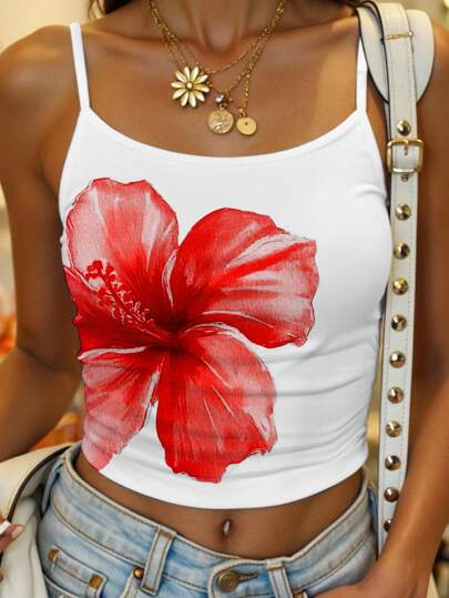Tween Girl Fitted Casual Sporty Camisole Top Basic Hibiscus Flower Summer Red Flower Women Summer Top