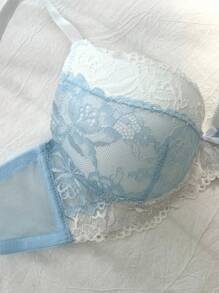 DelicateAllure Contrast Color Lace Patchwork Underwire Padded Butterfly Decor Women's Bra Lace Bra Light Blue Bra Lace Push Up Bra Bras For Women Light Blue Lace Bra  Cozy And Elegant Details - Baby Blue - View 3