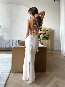 Jemour 女士花朵细肩带露背连衣裙鸡尾酒会婚礼晚礼服 - 香檳色 - 查看 2