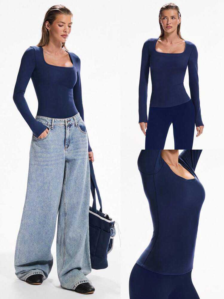 Smooth DreamLyx Tummy Control Soft Stretchy Sweat-Wicking Body Shaping Built-In Bra Square Neck Slim Fit Long-Sleeve Top Daily Casual