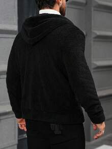 Manfinity CasualCool 男士长袖休闲纯色连帽外套，秋冬季百搭抓绒外套，黑色 - 黑色 - 查看 2