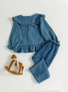 SHEIN 女童休闲简约翻领荷叶边长袖上衣和裤子套装，秋冬装 - 藍色 - 查看 2