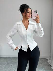 Rafferiza 女式法式竖条纹长袖单排扣开衫衬衫 - 白色 - 查看 7