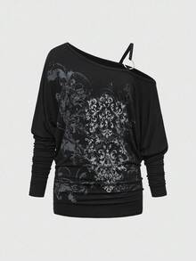 ROMWE Grunge Punk Elegant Cute Tropical Purple Vine Cross Shoulder Bat Wing Elastic Ruched Women T-Shirt - Purple - View 1