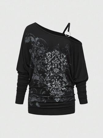 Grunge Punk Elegantes, süßes tropisches lila Reben-Kreuz-Schulter Fledermausflügel elastisches gerafftes Damen T-Shirt