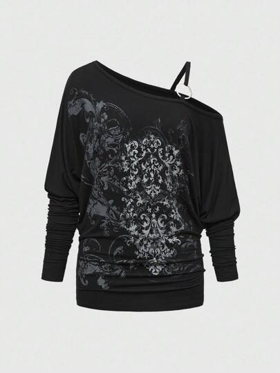 Grunge Punk Elegant Cute Tropical Purple Vine Cross Shoulder Bat Wing Elastic Ruched Women T-Shirt