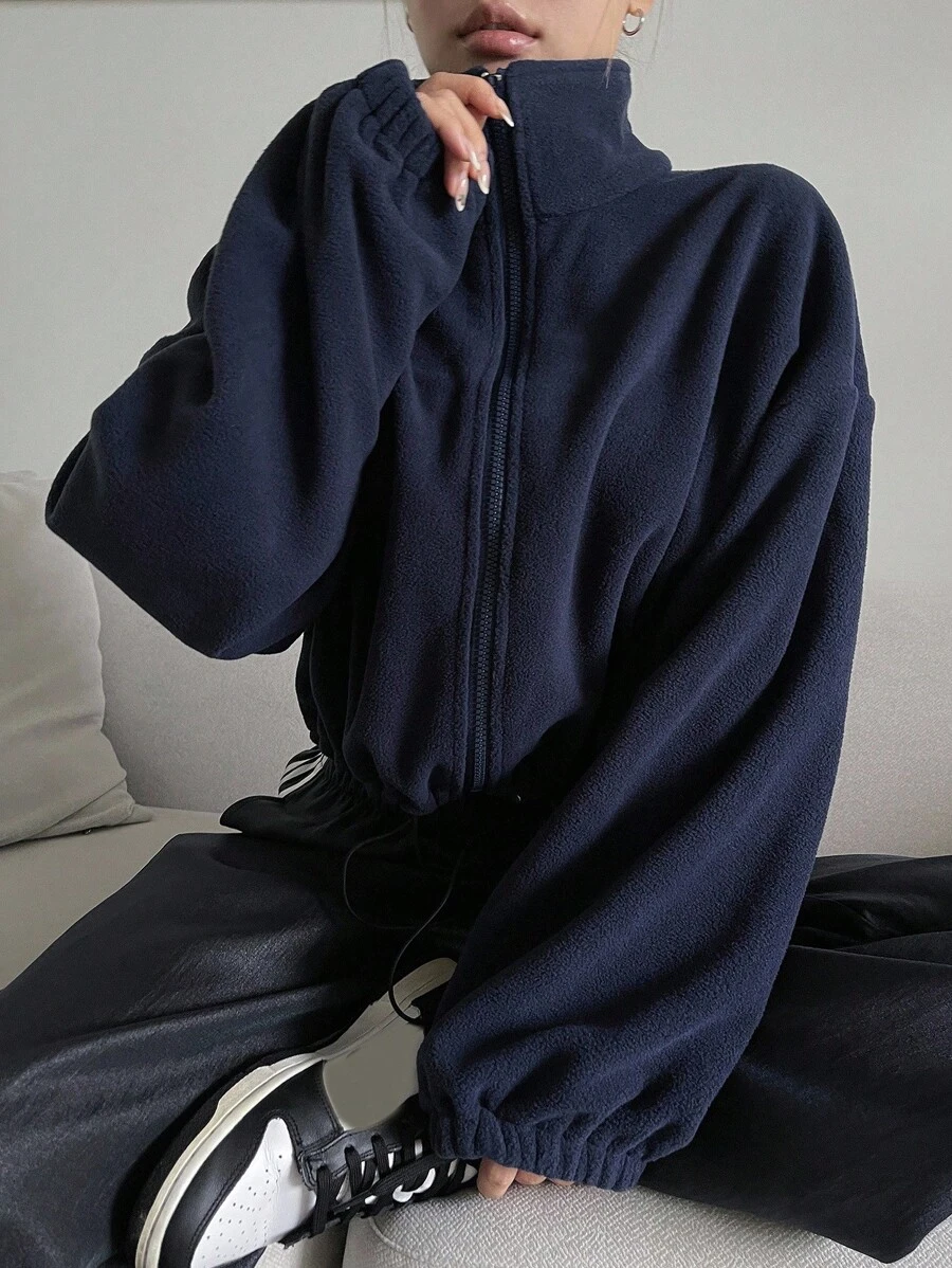 DAZY 女士纯色立领收腰保暖内衬夹克，冬季外套，秋季女装 - 藏蓝色 - 查看 1