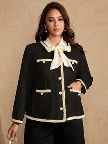 Flirla Plus Size Elegant Ribbon Decor Jacket, Autumn/Winter Fall