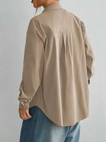 Teenage Girls' Casual All-Match Versatile Commuting Urban Daily Striped Faux 2-In-1 Shirt Jacket Fall Winter - Khaki - View 2