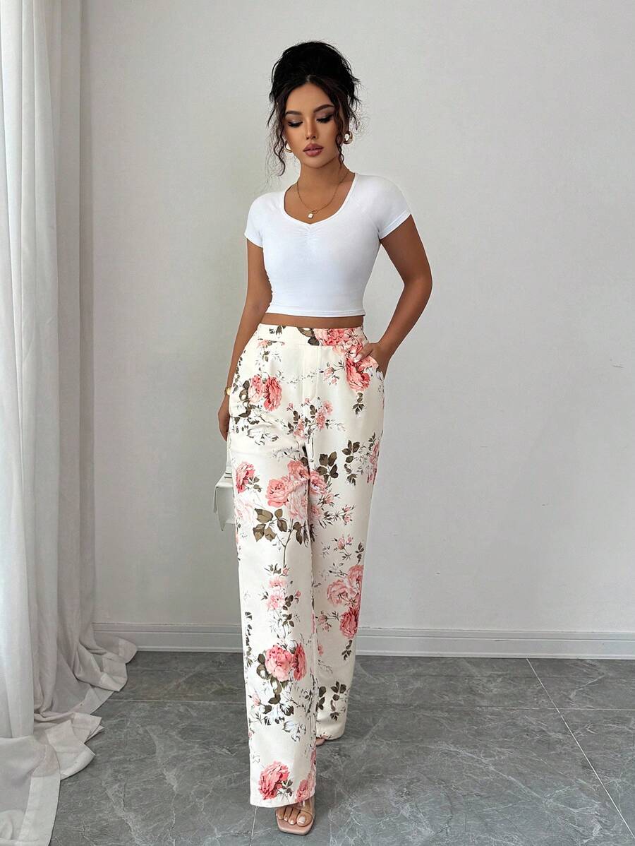 Elenzga Women's Elegant Romantic Pocket Print Pants Fall Cloth For Women - Multicolor - View 1