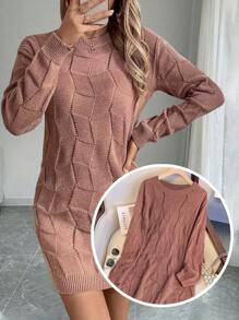EMERY ROSE Women's Loose Casual Round Neck Drop Shoulder Long Sleeve Knitted Sweater Dress, Autumn/Winter Fall Cloth For Women - Dusty Pink - View 8