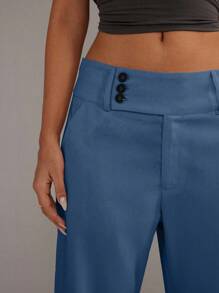 TRNVIE Quần ống đứng lưng thấp màu trơn đơn giản đa năng - Màu xanh lam - Xem 7