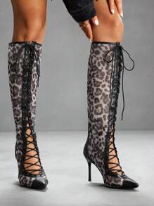 CUCCOO SZL Women's Pointed Toe Leopard Print Mesh High Heel Boots, Fashion Comfortable For Party And Nightclub, With Lace-Up And Back Zipper