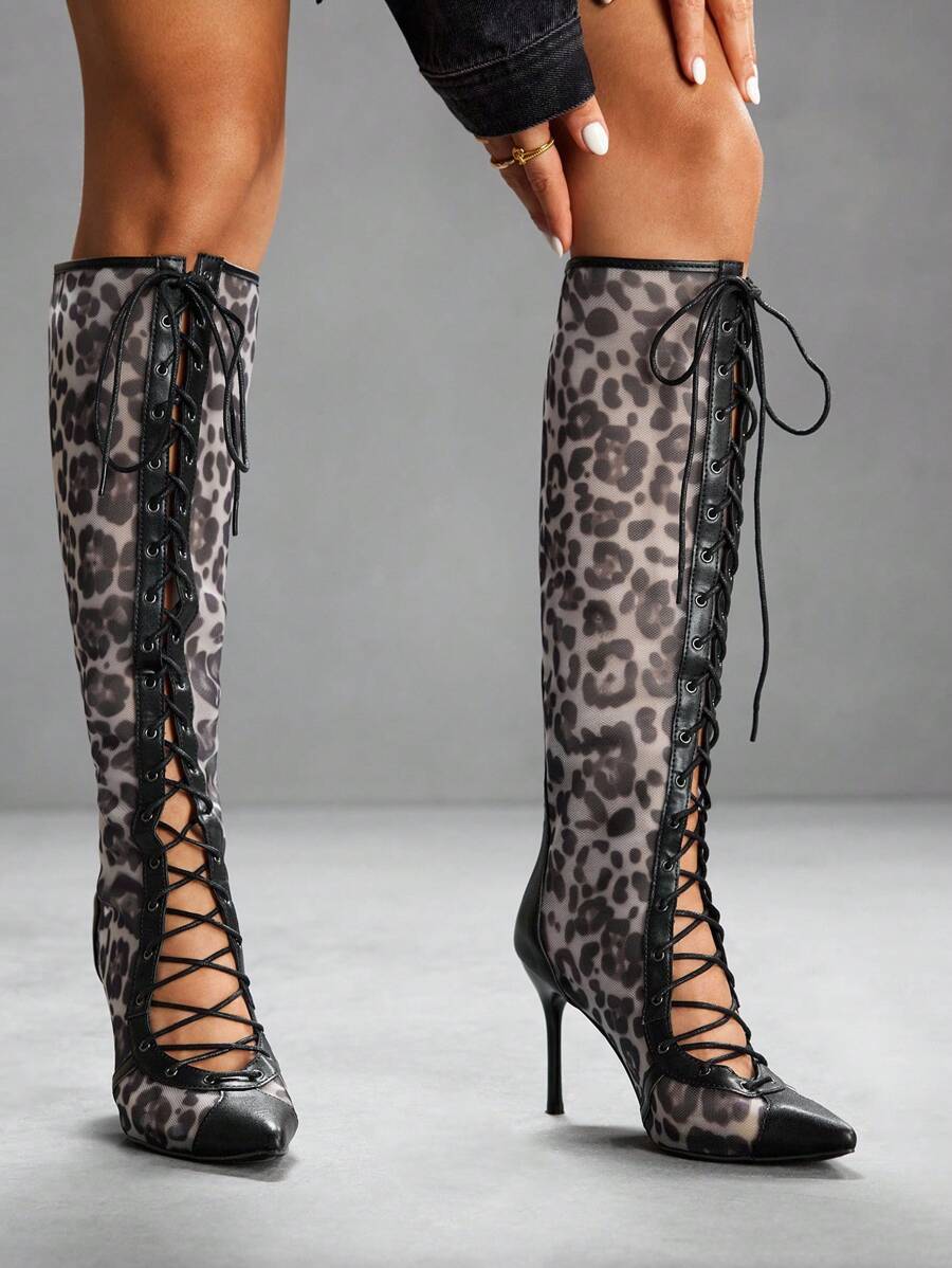 CUCCOO SZL Women's Pointed Toe Leopard Print Mesh High Heel Boots, Fashion Comfortable For Party And Nightclub, With Lace-Up And Back Zipper