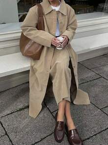 Siren Gaze Women's Chic Beige Autumn Office Trench Coat,Fall 2025 Khaki Long Thin Outerwear With Pockets,Old Money Style Casual Daily Teacher Business Fashion - Khaki - View 3