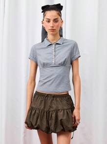 COUREZ Short Sleeve Fitted Polo Collar Top/Y2K Cute Going Out Tops Sexy - Grey - View 4