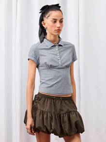 COUREZ Short Sleeve Fitted Polo Collar Top/Y2K Cute Going Out Tops Sexy - Grey - View 5