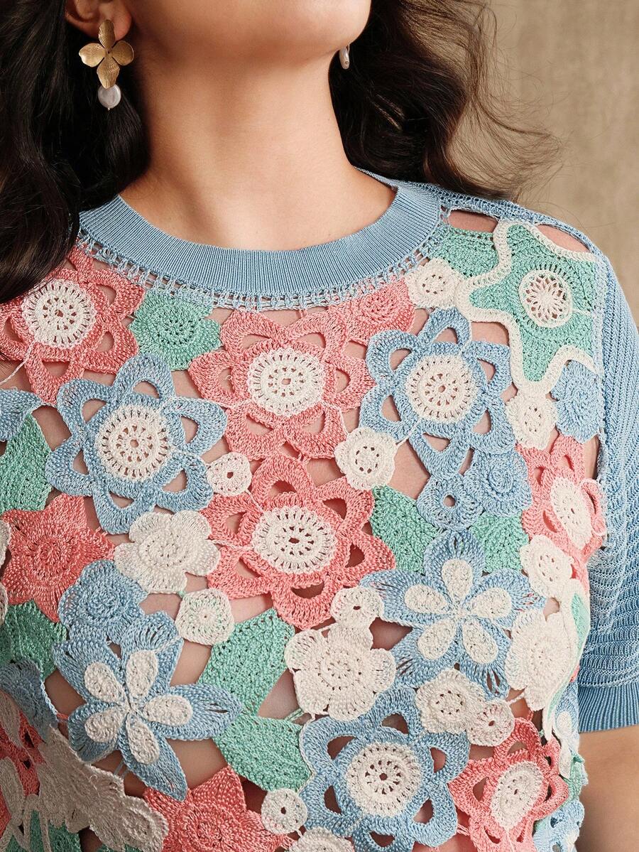 Anewsta Plus Size Hollow Crochet Asymmetrical Floral Knit Sweater - Blue - View 1