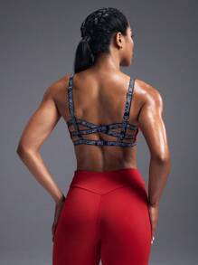 Powerista Sujetador deportivo casual con espalda descubierta y tirantes con letras para mujer - Rojo - Ver 3