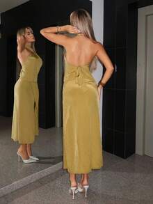 SHEIN ICON Elegancki komplet 2-częściowy: bluzka z wiązaniem na szyi i spódnica z rozcięciem, kolor zielony - Zielony - Zobacz 2