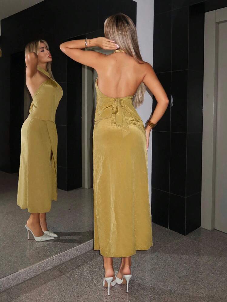 SHEIN ICON Elegant Neck Tie Blouse And Split Hem Skirt 2-Piece Set, Green - Green - View 2