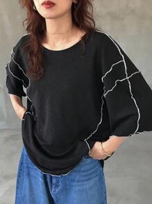 FRIFUL 女款寬鬆休閒對比色條紋圓領落肩上衣，百搭海灘穿搭長袖上衣 - 黑色 - 查看 6