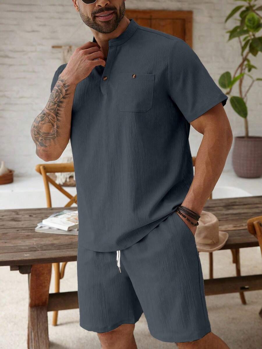 ResortEase Plus Size Men's Solid Color Round Neck Short Sleeve Shirt And Shorts Set