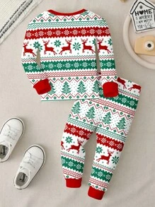 SHEIN Baby Boy Christmas Themed Casual Slim Fit Round Neck Comfortable Long Sleeve & Long Pants Pajama Set, Suitable For Autumn/Winter - Multicolor - View 2